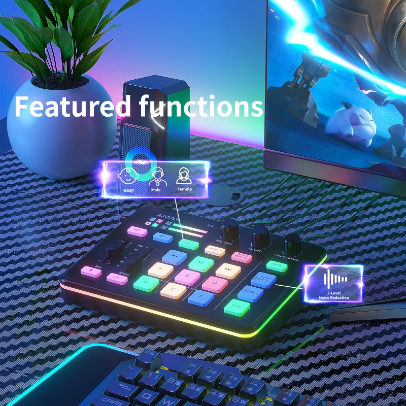 Arvitek Gaming Audio Mixer for PC, Audio Interface Sound Board w/RGB Effect, Support Bluetooth, XLR/TRS Microphone, 48V Phantom Power, Voice Changer Live Streaming, Podcasting, Content Create(Not for USB Mic) - Image 3