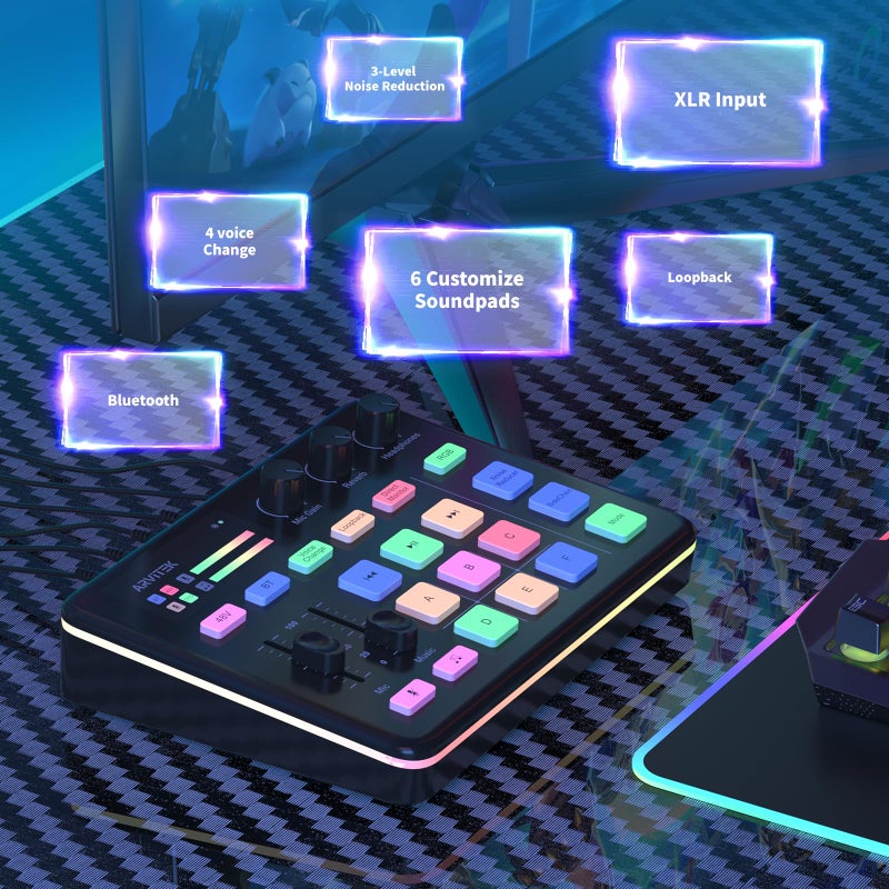Arvitek Gaming Audio Mixer for PC, Audio Interface Sound Board w/RGB Effect, Support Bluetooth, XLR/TRS Microphone, 48V Phantom Power, Voice Changer Live Streaming, Podcasting, Content Create(Not for USB Mic) - Image 5