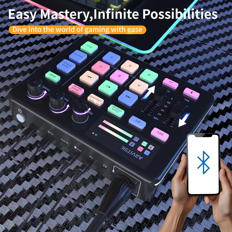 Arvitek Gaming Audio Mixer for PC, Audio Interface Sound Board w/RGB Effect, Support Bluetooth, XLR/TRS Microphone, 48V Phantom Power, Voice Changer Live Streaming, Podcasting, Content Create(Not for USB Mic) - Image 2