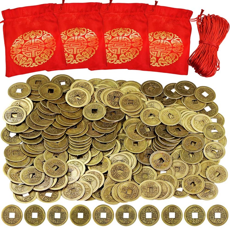 260 Pcs Chinese Lucky Coins Feng Shui Decorations for Good Fortune and Luck With Bag Asian Lunar New Year 2025 Year of The Snake Health Wealth Bracelet Charms