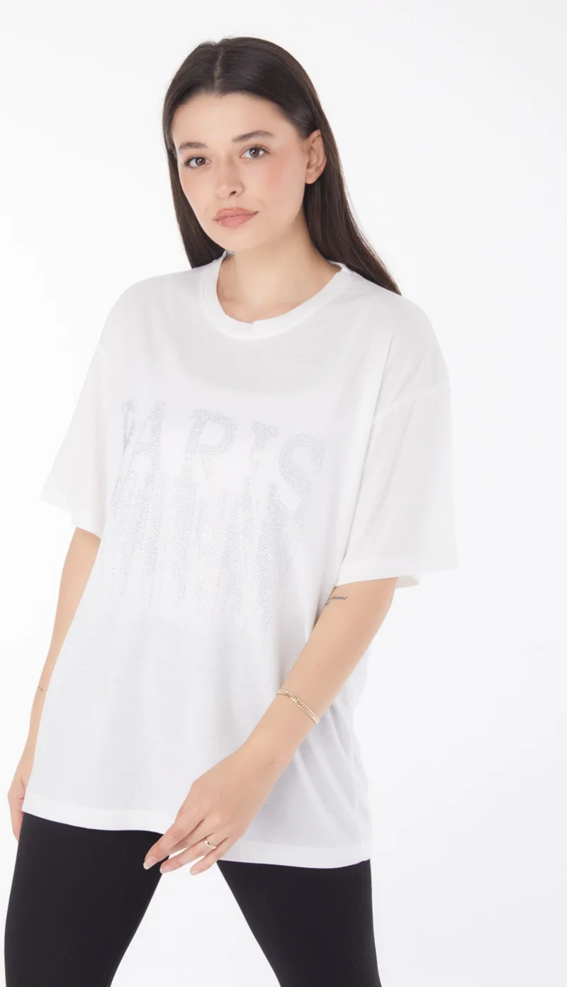 Tofisa Plain Crew Neck Women's Ecru Stoned T-Shirt - 25698