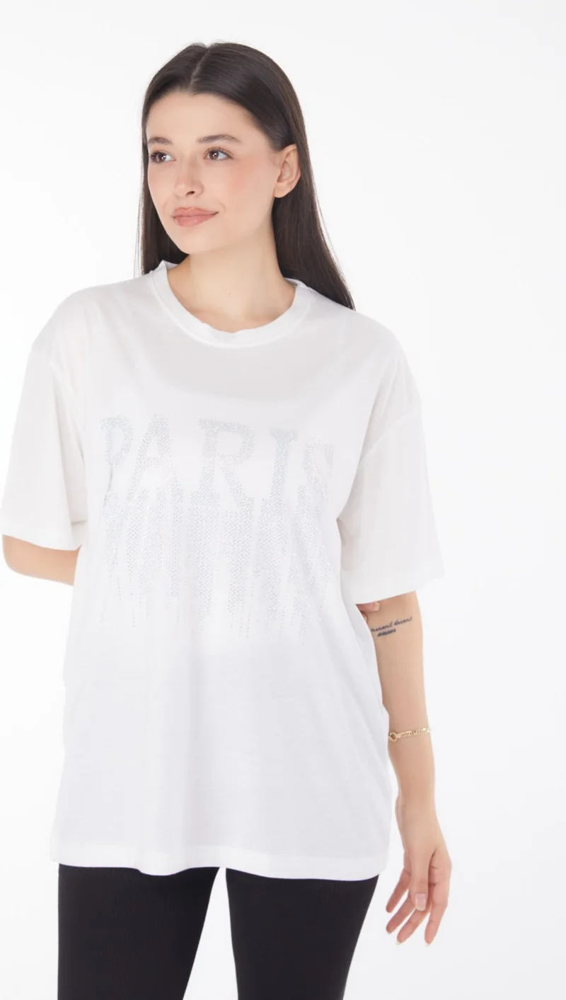 Tofisa Plain Crew Neck Women's Ecru Stoned T-Shirt - 25698