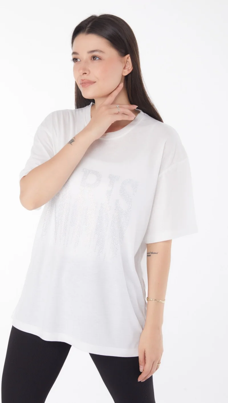 Tofisa Plain Crew Neck Women's Ecru Stoned T-Shirt - 25698