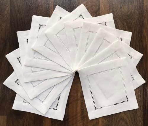 Minhcraft Ladder Hemstitch 100% White Linen Cocktail Napkins 4"x4" - A Dozen Cloth Napkin Coasters-Set of 12 Linen Beverage Party Cocktail Napkin - Image 1