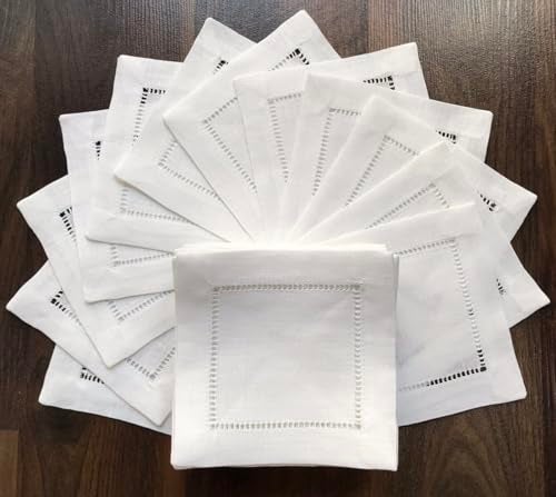 Minhcraft Ladder Hemstitch 100% White Linen Cocktail Napkins 4"x4" - A Dozen Cloth Napkin Coasters-Set of 12 Linen Beverage Party Cocktail Napkin - Image 2