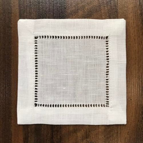Minhcraft Ladder Hemstitch 100% White Linen Cocktail Napkins 4"x4" - A Dozen Cloth Napkin Coasters-Set of 12 Linen Beverage Party Cocktail Napkin - Image 3