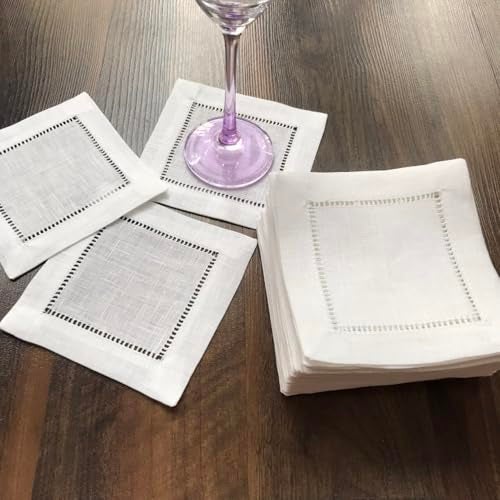 Minhcraft Ladder Hemstitch 100% White Linen Cocktail Napkins 4"x4" - A Dozen Cloth Napkin Coasters-Set of 12 Linen Beverage Party Cocktail Napkin - Image 5