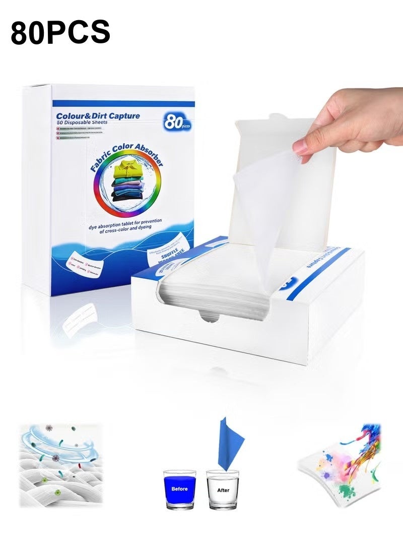 80 قطعة من مناديل امتصاص الألوان، مناديل غسيل تمتص الصبغة، خالية من العطور، تمنع تلطيخ الملابس لجميع الأقمشة، مناديل منظفات، مناديل غسيل تمتص الألوان للتعليم المنزلي - Image 1
