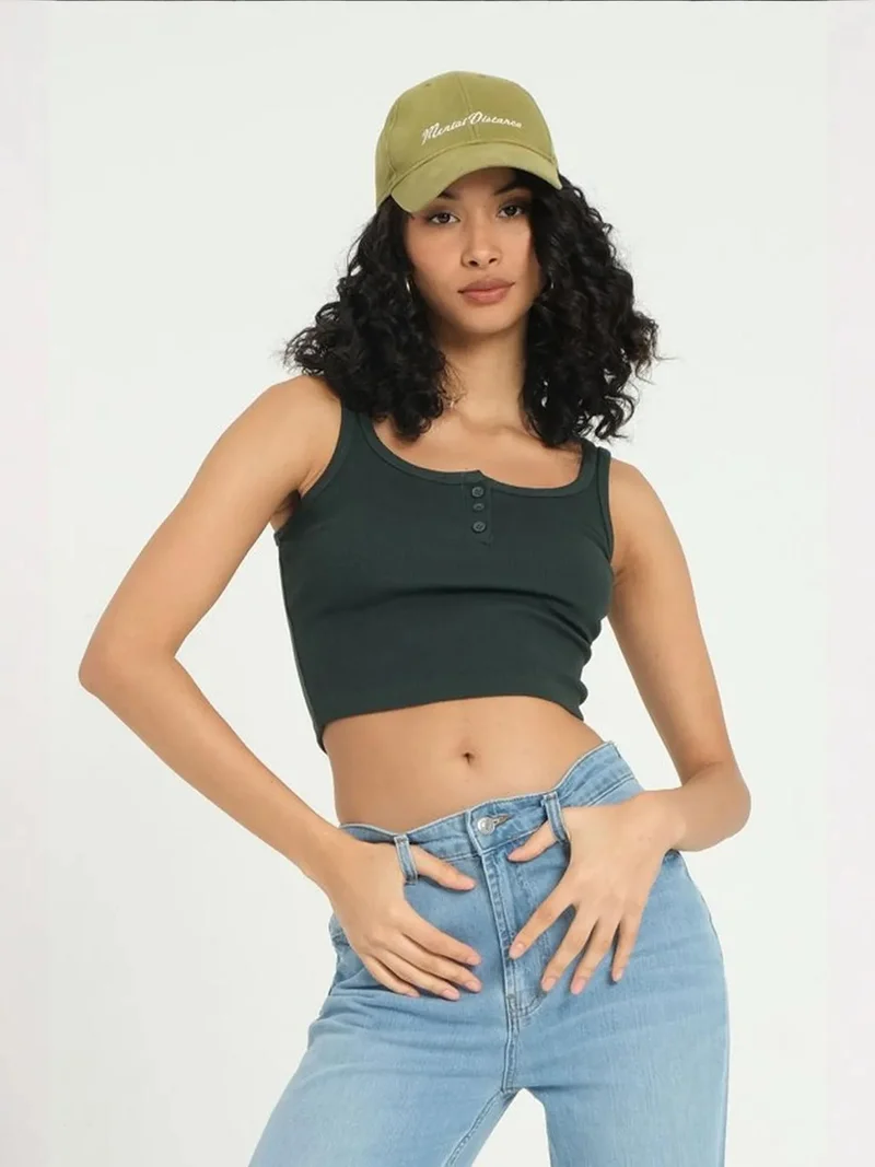 HICCUP Square Neck Ribbed Buttoned Tank Top