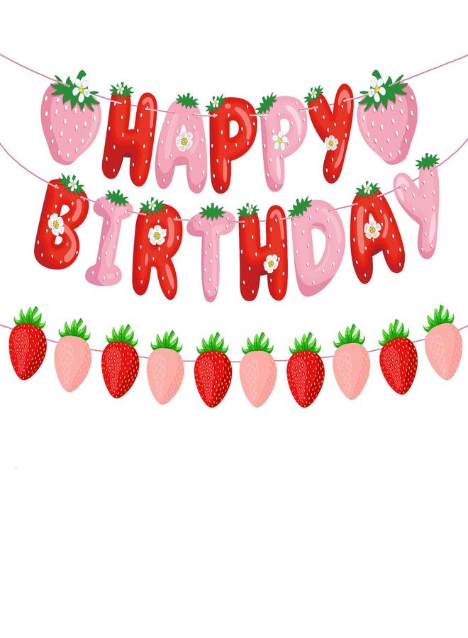 Chictry Strawberry Happy Birthday Banners Fruit Berry Theme Hanging Decorations for Wedding Baby Shower Girls Party Supplies - Image 1