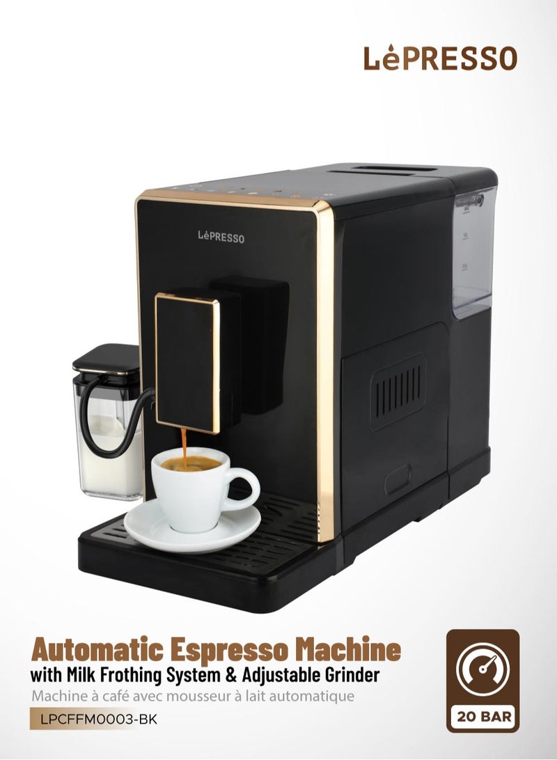 LePRESSO Perfetto Automatic Espresso Coffee Machine with Milk Frothing System and Adjustable Grinder/ 1.5L Water Tank Capacity & 20 Bar pressure Coffee Maker / Multiple Brewing Options / Hot Water Dispenser / Automatic Cleaning Cycle - Black - Image 1