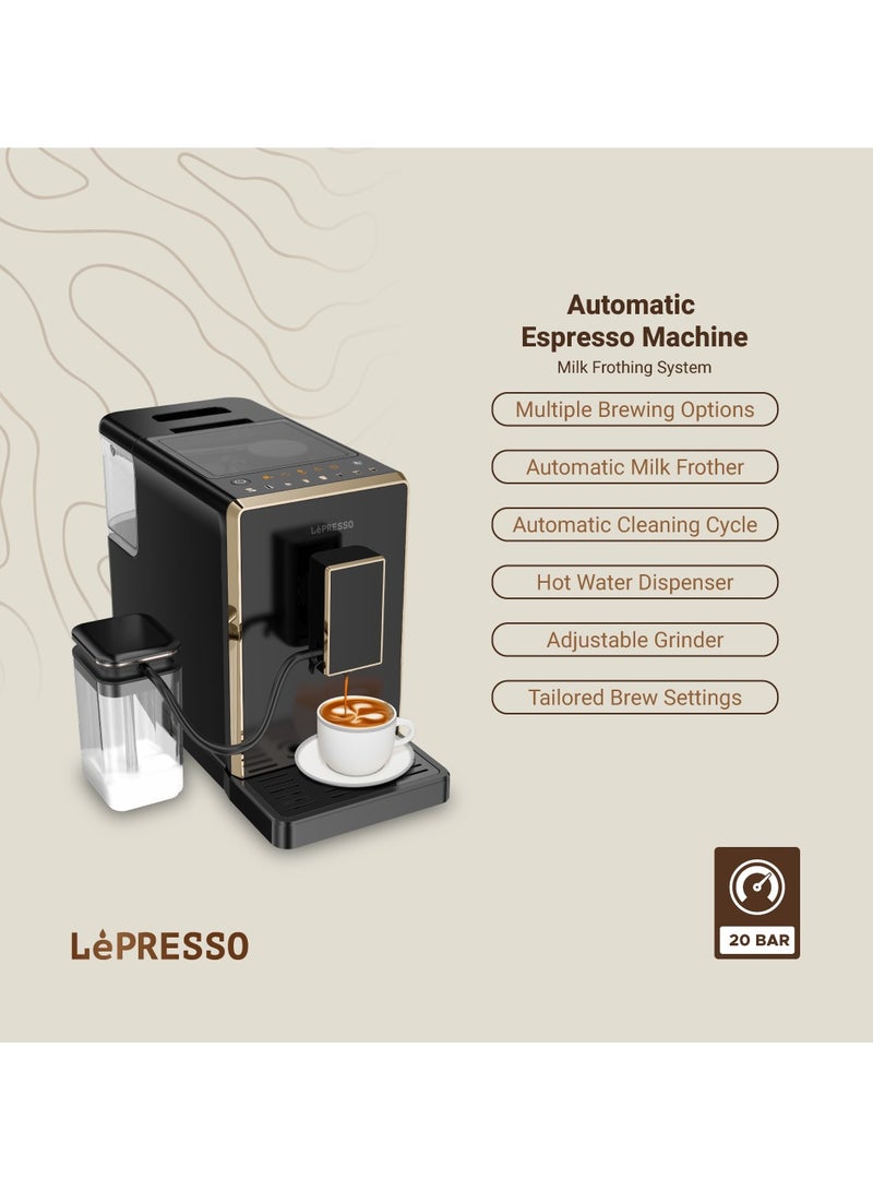 LePRESSO Perfetto Automatic Espresso Coffee Machine with Milk Frothing System and Adjustable Grinder/ 1.5L Water Tank Capacity & 20 Bar pressure Coffee Maker / Multiple Brewing Options / Hot Water Dispenser / Automatic Cleaning Cycle - Black - Image 2