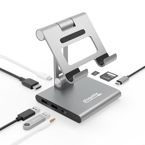 Plugable 8-in-1 USB C Hub for iPad with Stand, 100W Pass-Through Charging, USB C Docking Station for iPad, 1x HDMI, 2X USB, Audio, SD, Driverless, Compatible with Windows, iPadOS, Phones, Tablets - Image 1