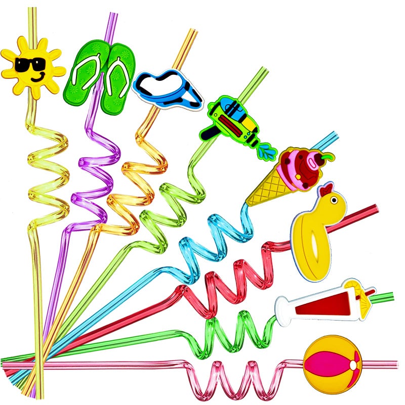 GREAWOD 24 Pieces Beach Theme Reusable Plastic Drink Cocktail Straws Beach Ball Pool Summer Birthday Party Favor Decorations With 2 Cleaning Brushes 8 Colors Straws - Image 1