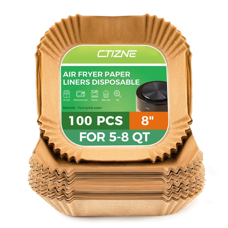 Disposable Air Fryer Paper Liners 100PCS 8 Inch Square Liners for Air Fryer Grease and Water Proof Non Stick Basket Parchment Paper