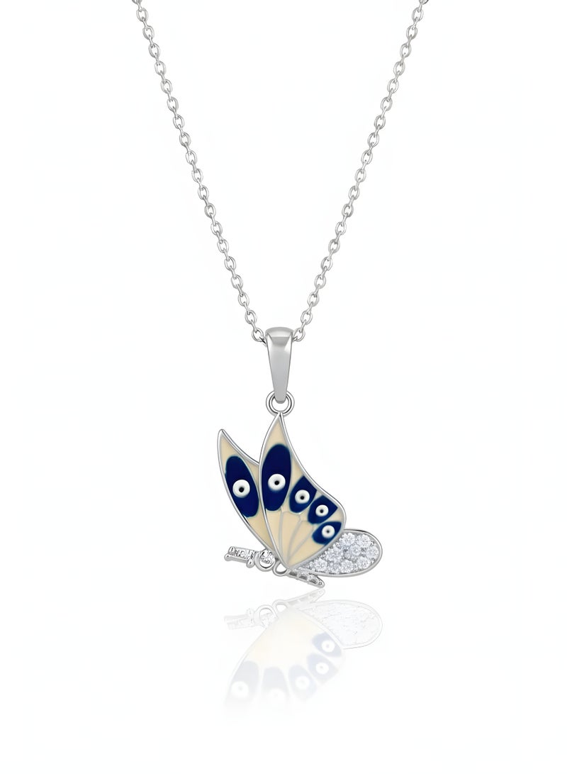 FINE SILVER 925 Sterling Silver Butterfly Pendant Necklace with Evil Eye Enamel and Sparkling Zirconia - Image 1