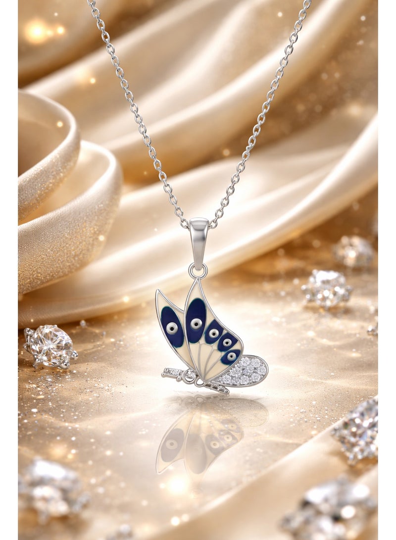FINE SILVER 925 Sterling Silver Butterfly Pendant Necklace with Evil Eye Enamel and Sparkling Zirconia - Image 2