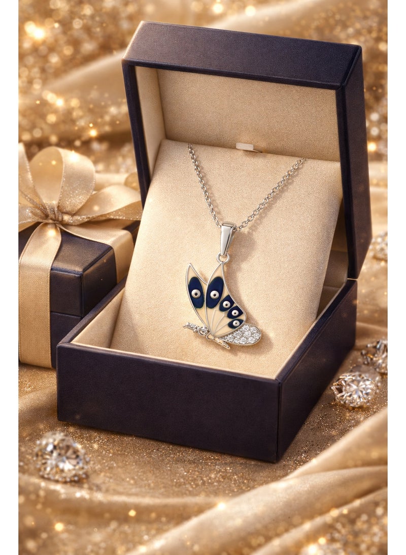 FINE SILVER 925 Sterling Silver Butterfly Pendant Necklace with Evil Eye Enamel and Sparkling Zirconia - Image 3