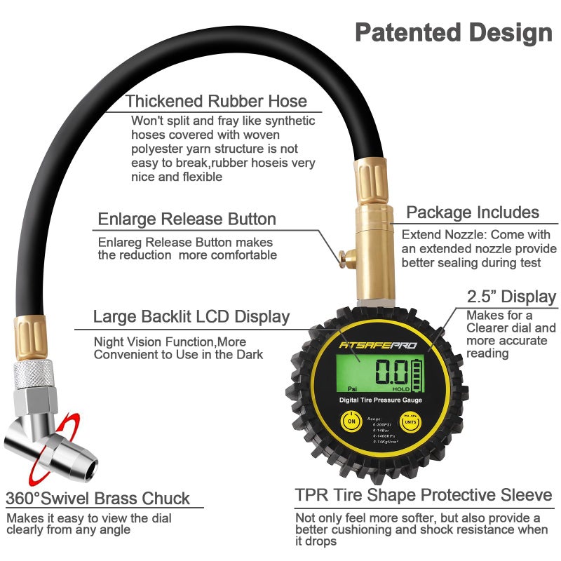 Generic Digital Tyre Pressure Gauge 200 PSI,ATsafepro Car Tyre Pressure Gauge with Flexible Hose and Backlight LCD Display,Digital Pressure Gauge Certified ANSI B40.1 Accurate for Car, Truck, SUV, Motorcycle - Image 2
