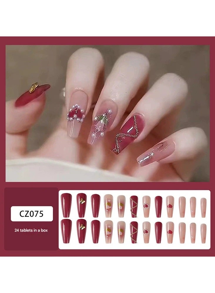 Goolsky Elegant Long Press On Nails – Heart Pearl Chain Detachable Fake Nail Tips, Medium-Long Coffin Shape, Reusable - Image 1