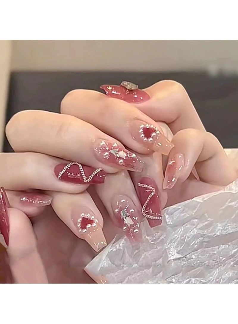 Goolsky Elegant Long Press On Nails – Heart Pearl Chain Detachable Fake Nail Tips, Medium-Long Coffin Shape, Reusable - Image 2