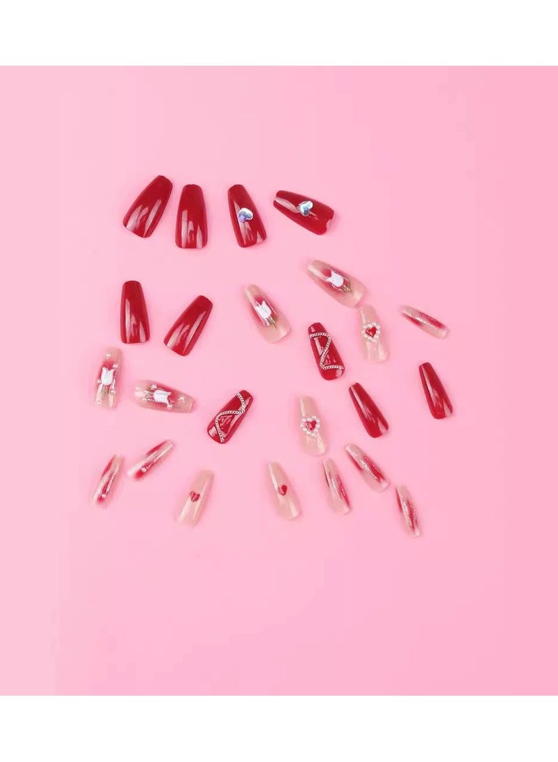 Goolsky Elegant Long Press On Nails – Heart Pearl Chain Detachable Fake Nail Tips, Medium-Long Coffin Shape, Reusable - Image 3