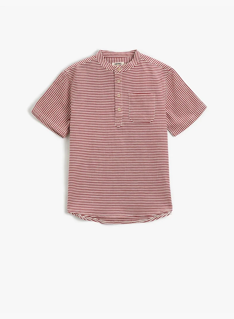 كوتون Mandarin Collar T-Shirt Short Sleeve Button Detail Single Pocket Striped Cotton