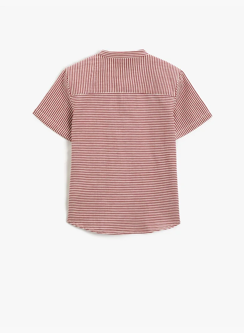 كوتون Mandarin Collar T-Shirt Short Sleeve Button Detail Single Pocket Striped Cotton