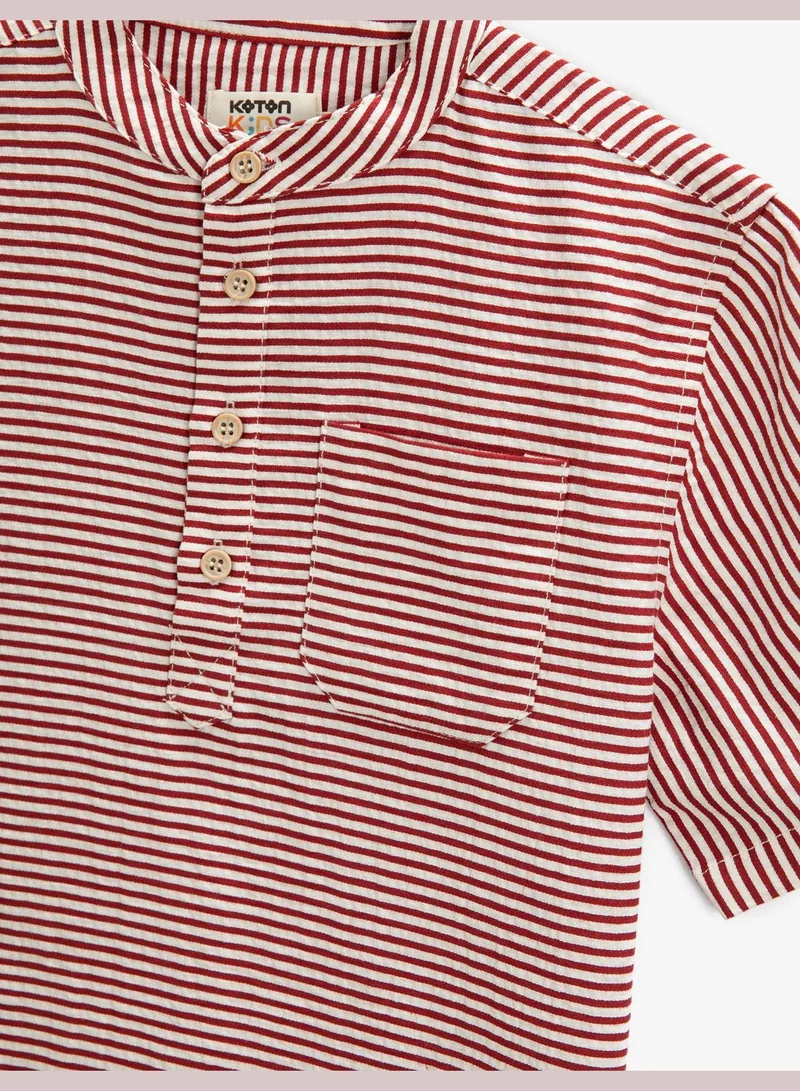 كوتون Mandarin Collar T-Shirt Short Sleeve Button Detail Single Pocket Striped Cotton