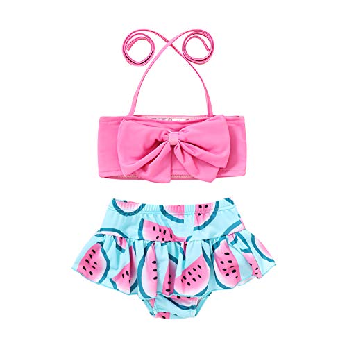 JEELLIGULAR Toddler Baby Girl Swimwear Bowknot Stripe Swimsuit Bathing Suit 2Pcs Bikini Set Outfits Summer (18-24 Months, Watermelon) - Image 1
