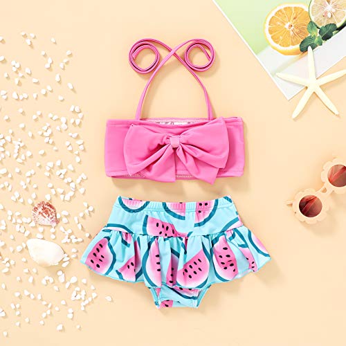 JEELLIGULAR Toddler Baby Girl Swimwear Bowknot Stripe Swimsuit Bathing Suit 2Pcs Bikini Set Outfits Summer (18-24 Months, Watermelon) - Image 2