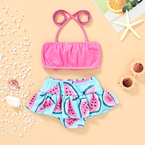 JEELLIGULAR Toddler Baby Girl Swimwear Bowknot Stripe Swimsuit Bathing Suit 2Pcs Bikini Set Outfits Summer (18-24 Months, Watermelon) - Image 3