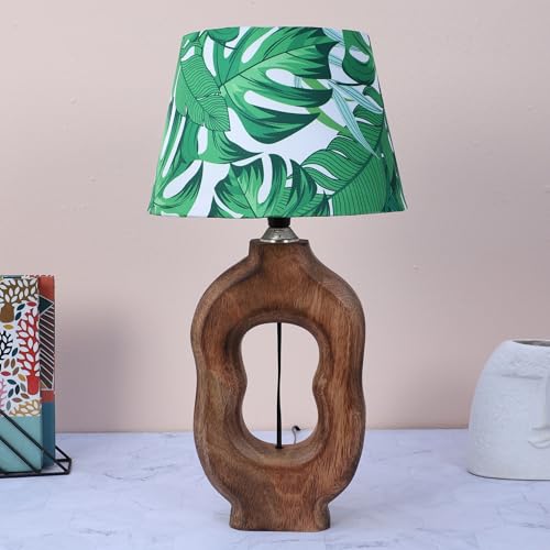 tu casa Wooden Table Lamp with Palm Leaf Printed Satin Shade | Modern Bedside & Night Lamp for Bedroom, Living Room, Home Décor & Gifting - Image 2
