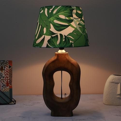 tu casa Wooden Table Lamp with Palm Leaf Printed Satin Shade | Modern Bedside & Night Lamp for Bedroom, Living Room, Home Décor & Gifting - Image 1