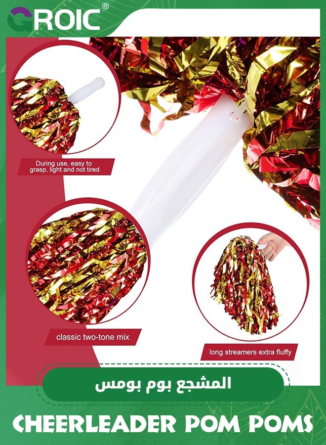 GROIC 12 Pack Pom Poms Cheerleading Cheerleader Pom Poms Spirited Cheer Pom Poms Cheerleader Pom Poms Baton Handle Metallic Foil Fun Pom Poms for Sports Team Party Dance Cheering, Red and Gold - Image 3