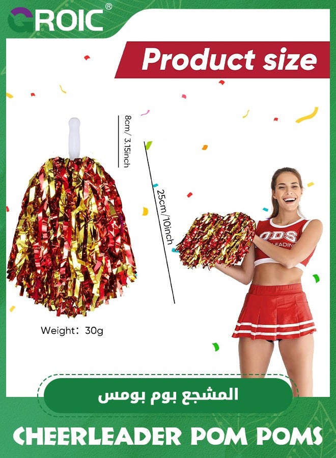 GROIC 12 Pack Pom Poms Cheerleading Cheerleader Pom Poms Spirited Cheer Pom Poms Cheerleader Pom Poms Baton Handle Metallic Foil Fun Pom Poms for Sports Team Party Dance Cheering, Red and Gold - Image 2