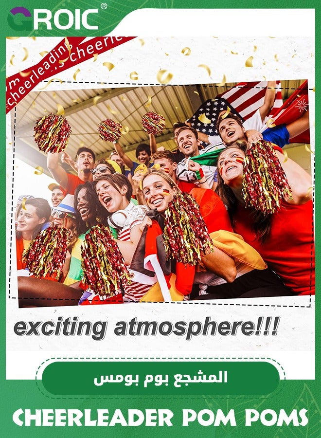 GROIC 12 Pack Pom Poms Cheerleading Cheerleader Pom Poms Spirited Cheer Pom Poms Cheerleader Pom Poms Baton Handle Metallic Foil Fun Pom Poms for Sports Team Party Dance Cheering, Red and Gold - Image 5