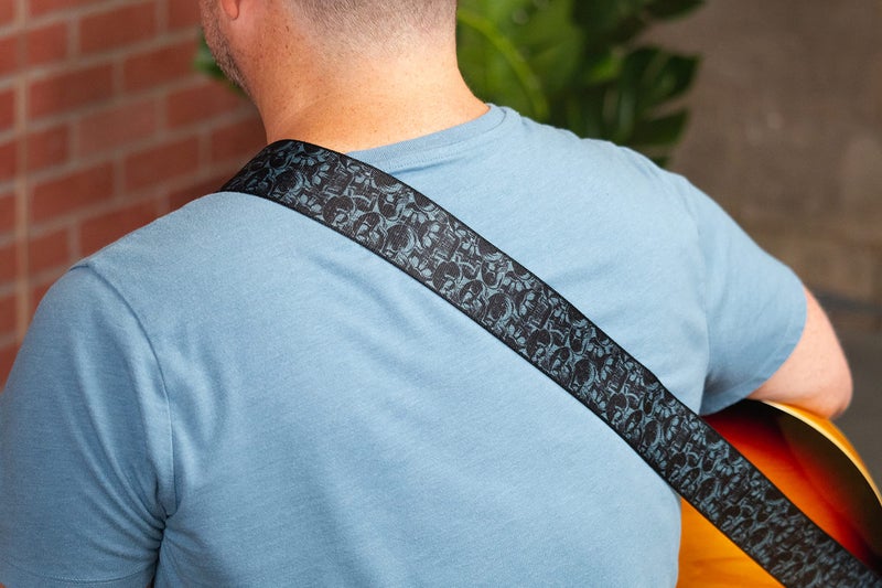 Levy's Leathers 2" Wide Polyester Guitar Strap with Genuine Leather Ends; Black & Grey Skulls Motif (MPD2-111) - Image 4
