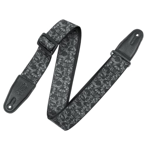 Levy's Leathers 2" Wide Polyester Guitar Strap with Genuine Leather Ends; Black & Grey Skulls Motif (MPD2-111) - Image 1