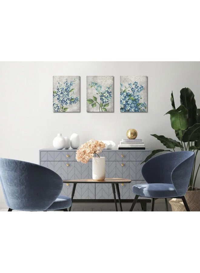 ARJUN Canvas Wall Art Full Bloom Flowers Painting Pictures Blue Florals Prints, Retro Grey 12"x16"x3 Panels Botanical Stretched and Framed Ready to Hang for Bedroom Living Room Bathroom Home Office Décor - Image 4