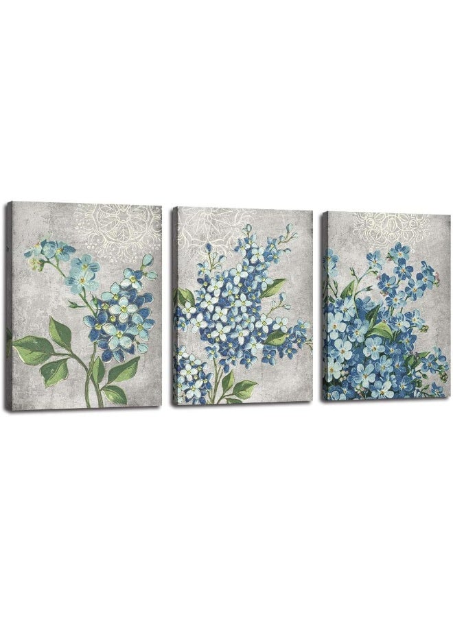 ARJUN Canvas Wall Art Full Bloom Flowers Painting Pictures Blue Florals Prints, Retro Grey 12"x16"x3 Panels Botanical Stretched and Framed Ready to Hang for Bedroom Living Room Bathroom Home Office Décor - Image 1