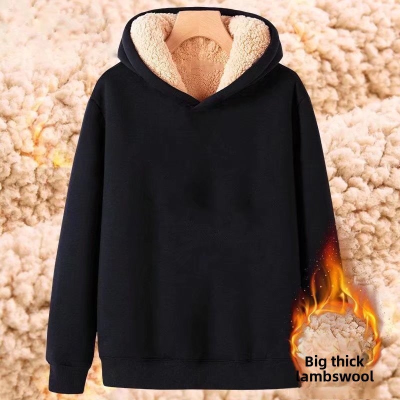 Thick Fleece Hoodie Men Warm Solid Sportswear Hooded lambswool Black 