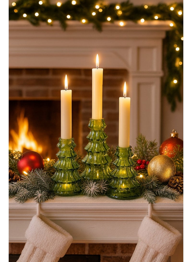 Home Care حاملات الشموع لشجرة عيد الميلاد - مجموعة من 3 حاملات شموع زجاجية خضراء | مركز طاولة حديث لشموع الشمعة وزينة منزلية احتفالية - Image 3