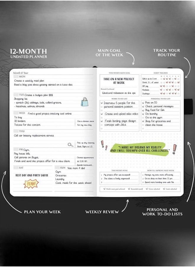 Arabest - A5 Hardcover Weekly And Monthly Life Plan Organizer Notebook With 3 Beautiful Stickers For Daily Productivity, Time Management And Achieving Goals Helps Keep Track Of The Important Things In Life - Image 1
