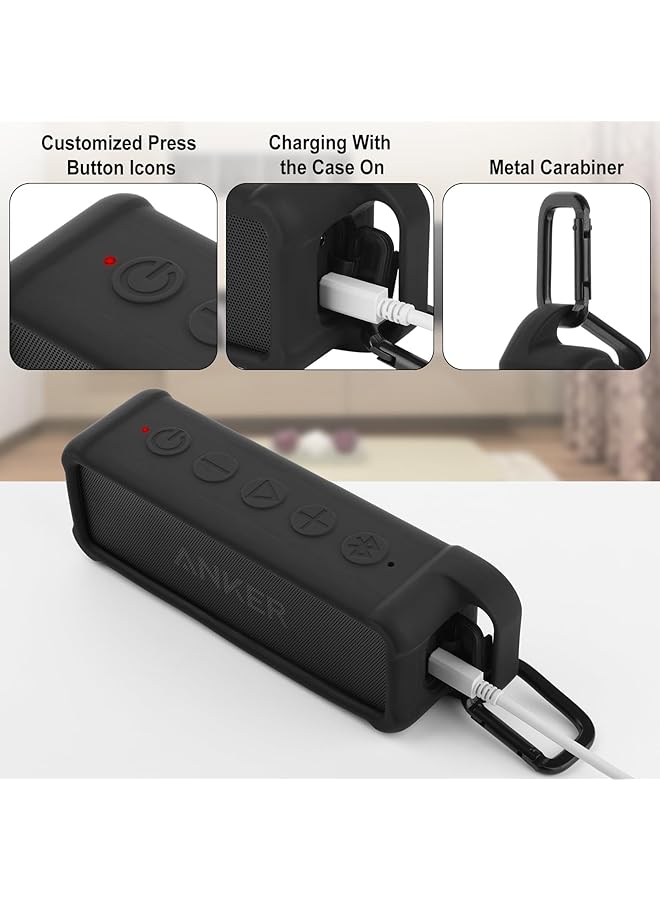 erorex Silicone Case For Anker Soundcore 2 Portable Bluetooth Speaker Protective Travel Case Cover With Handle And Carabiner Shockproof Silicone Skin For Soundcore 2 Speaker Black - Image 2