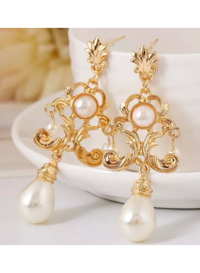 NIBEMINENT Korean Style Fashionable Metal Geometric Sweet Pearl European Court Earrings 8084