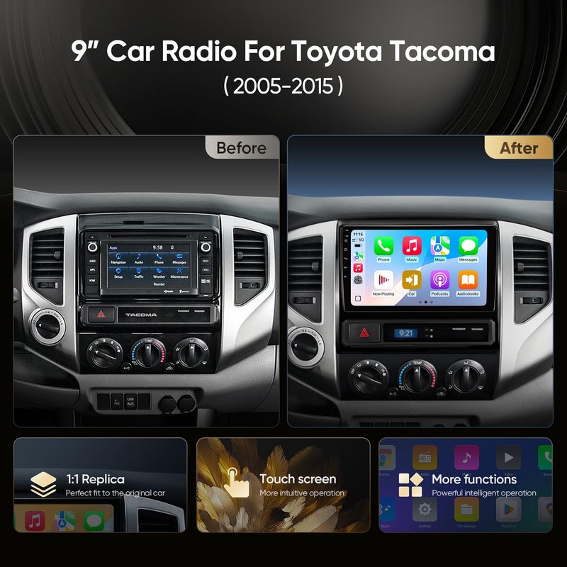 AINAVIGO 9" Car Stereo Radio for Toyota Tacoma 2005-2015 | Wireless CarPlay Android Auto | 5G WiFi GPS Navigation | IPS HD Touchscreen | Bluetooth/FM/SWC | Plug & Play with 1080P Backup Camera - Image 2