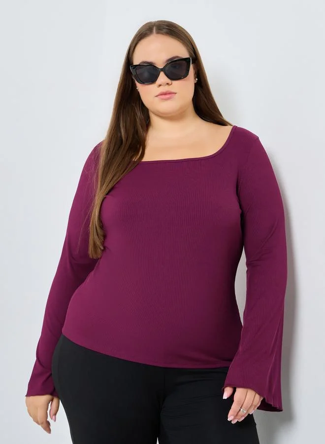 Styli Styli Plus Size Burgundy Ribbed Top