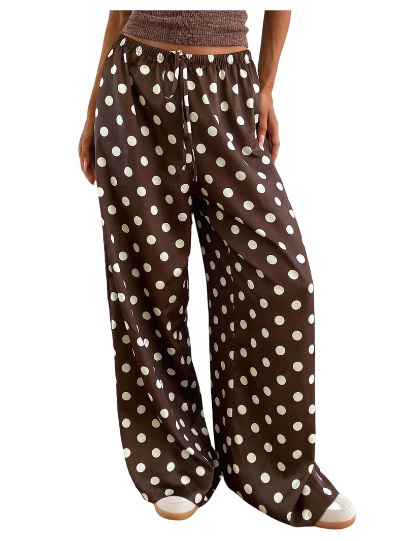 MakeMeChic Women's Summer Satin Silk Pants Casual Flowy Pants Beach Vacation Wide Leg Pants Brown Polka Dots Large - Image 1
