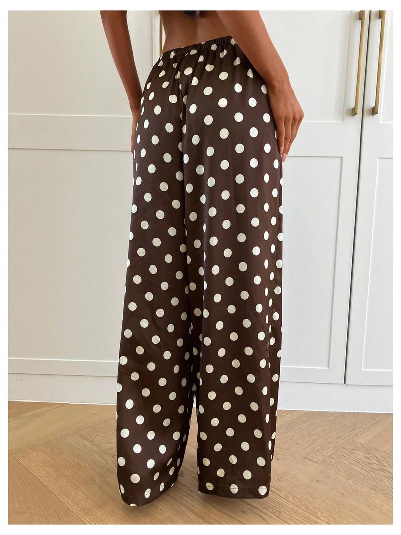 MakeMeChic Women's Summer Satin Silk Pants Casual Flowy Pants Beach Vacation Wide Leg Pants Brown Polka Dots Large - Image 3